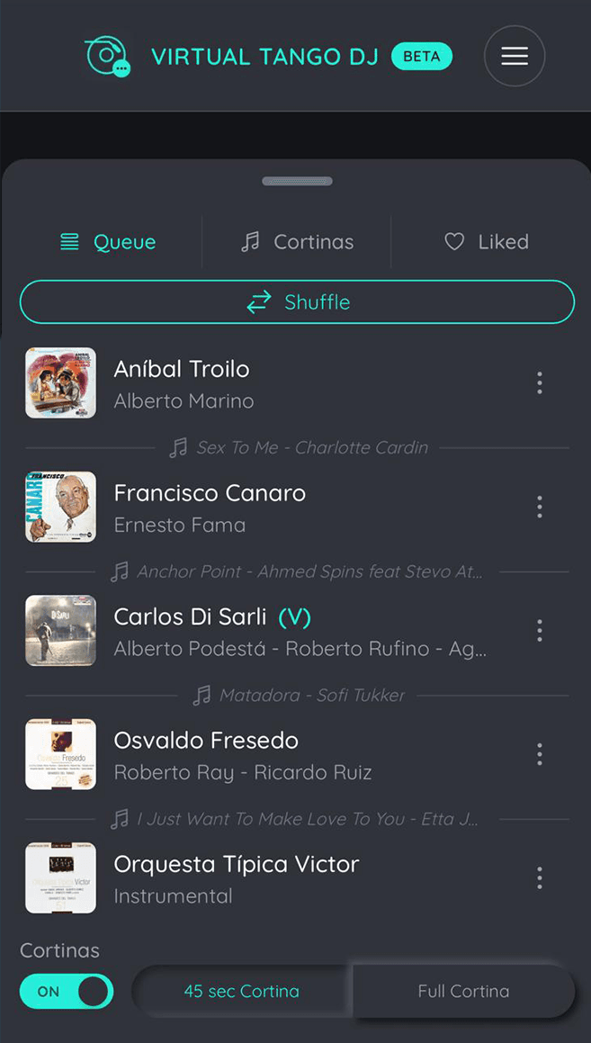 Virtual Tango DJ mobile queue management screen.