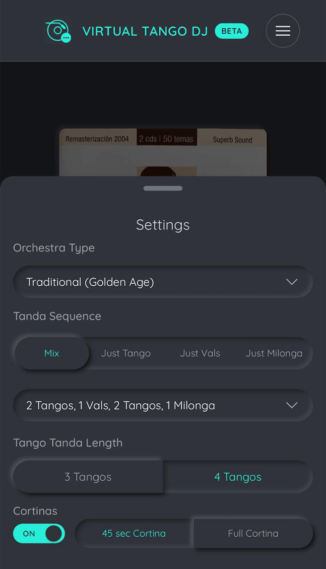 Virtual Tango DJ mobile settings screen highlighting customization options.