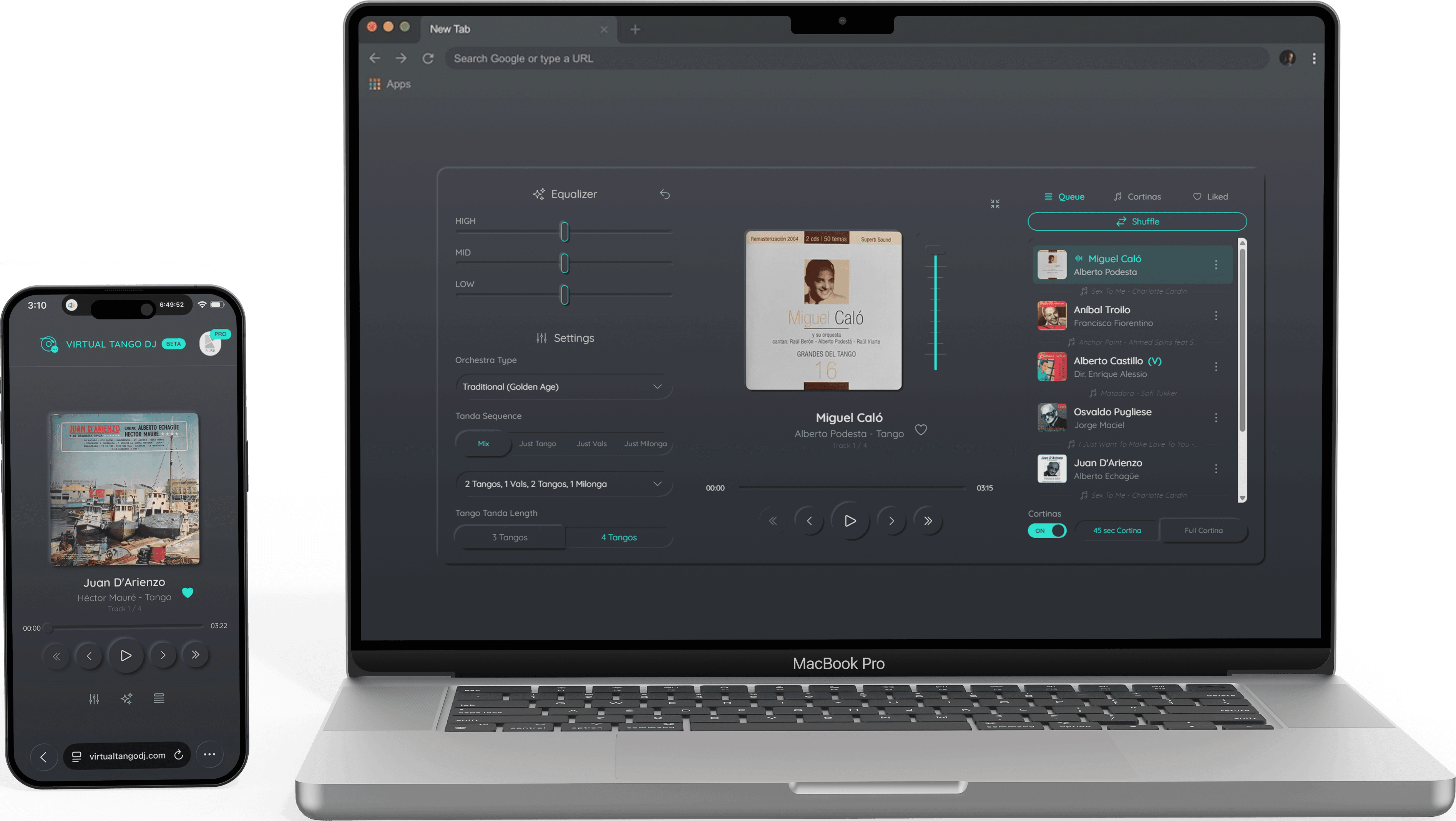 Virtual Tango DJ player interface displayed on laptop and phone screens.